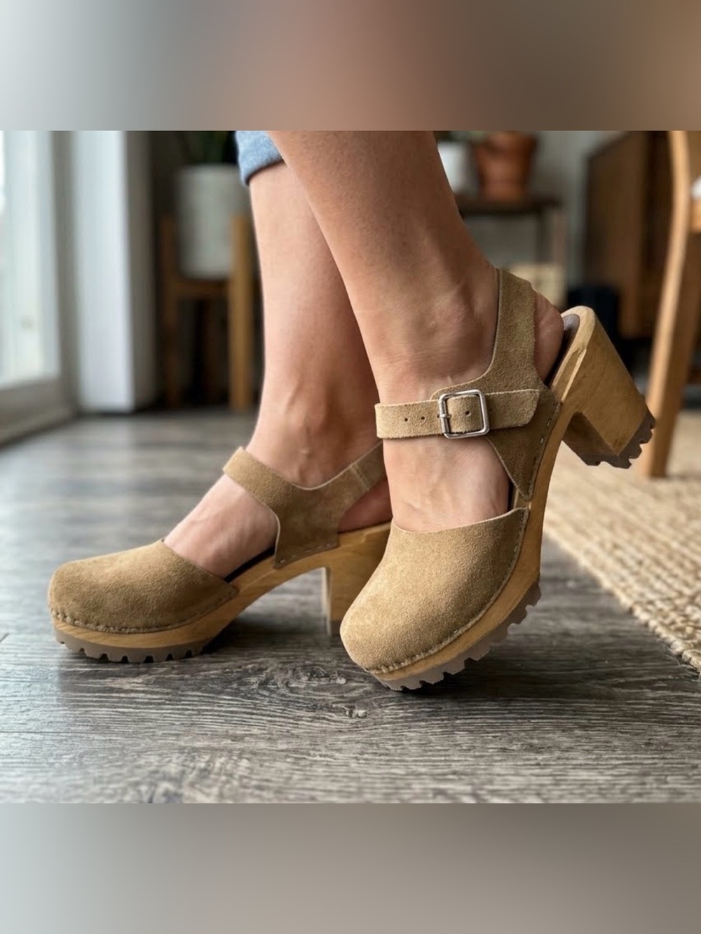 MIA Sweden ABBA Block Suede Tan Mary Jane Clog Heels with Buckle size 37 EUC